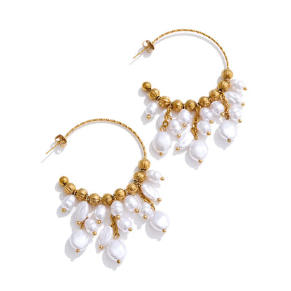 Luneth - 18K Gold Plated Stainless Steel and Pearls Drop Earrings