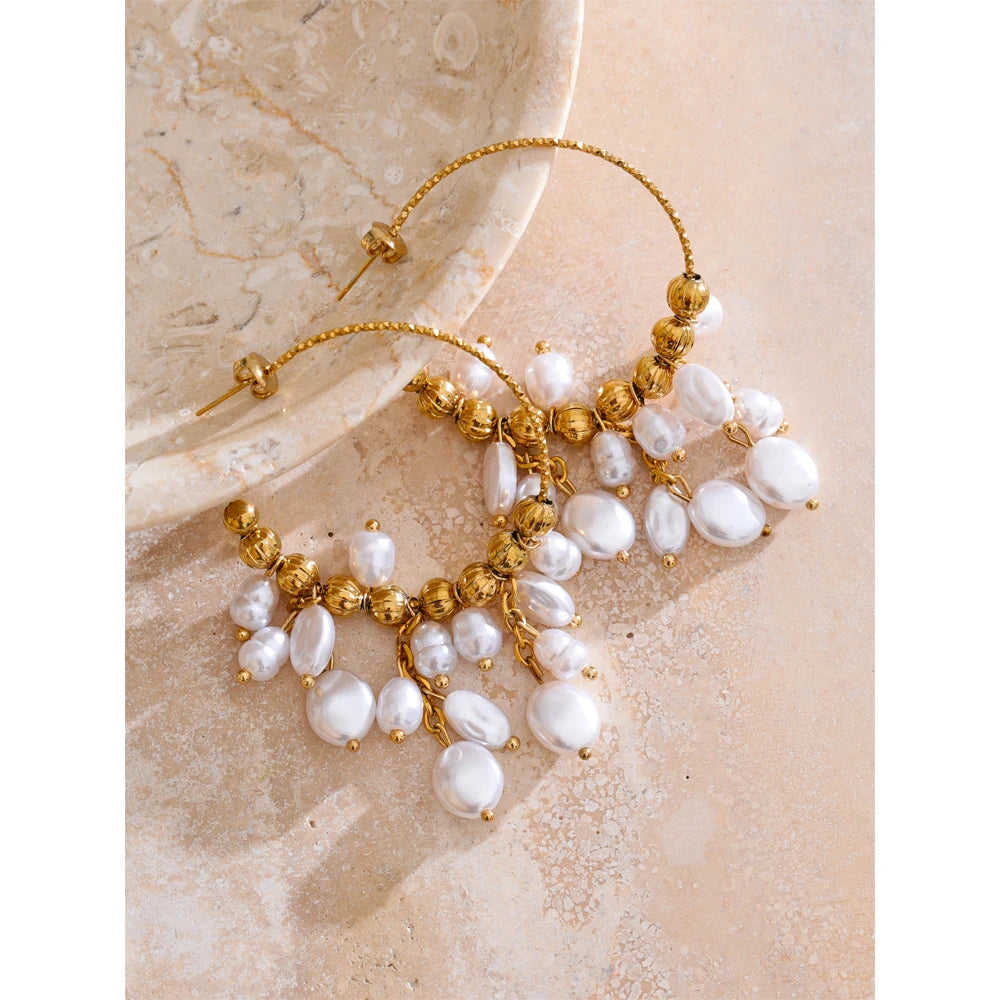 Luneth - 18K Gold Plated Stainless Steel and Pearls Drop Earrings