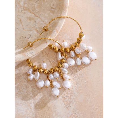 Luneth - 18K Gold Plated Stainless Steel and Pearls Drop Earrings