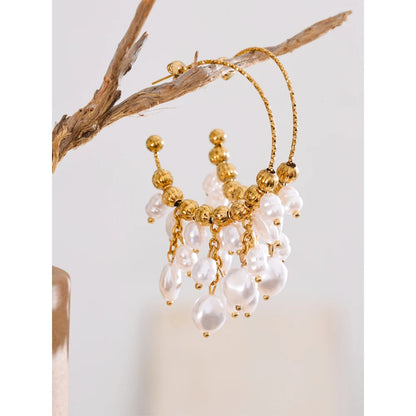 Luneth - 18K Gold Plated Stainless Steel and Pearls Drop Earrings